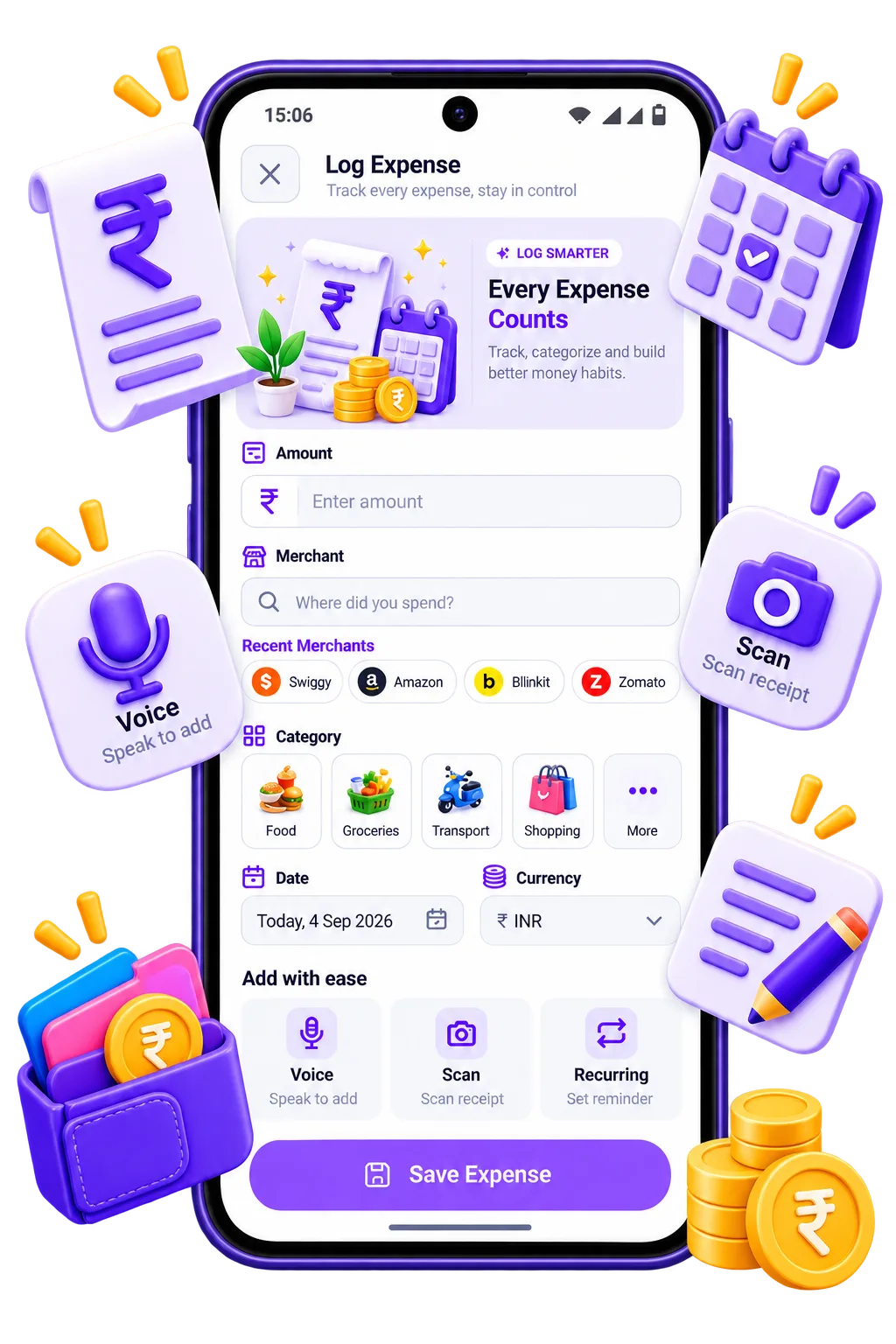 Log Expense screen with voice, scan, and category options
